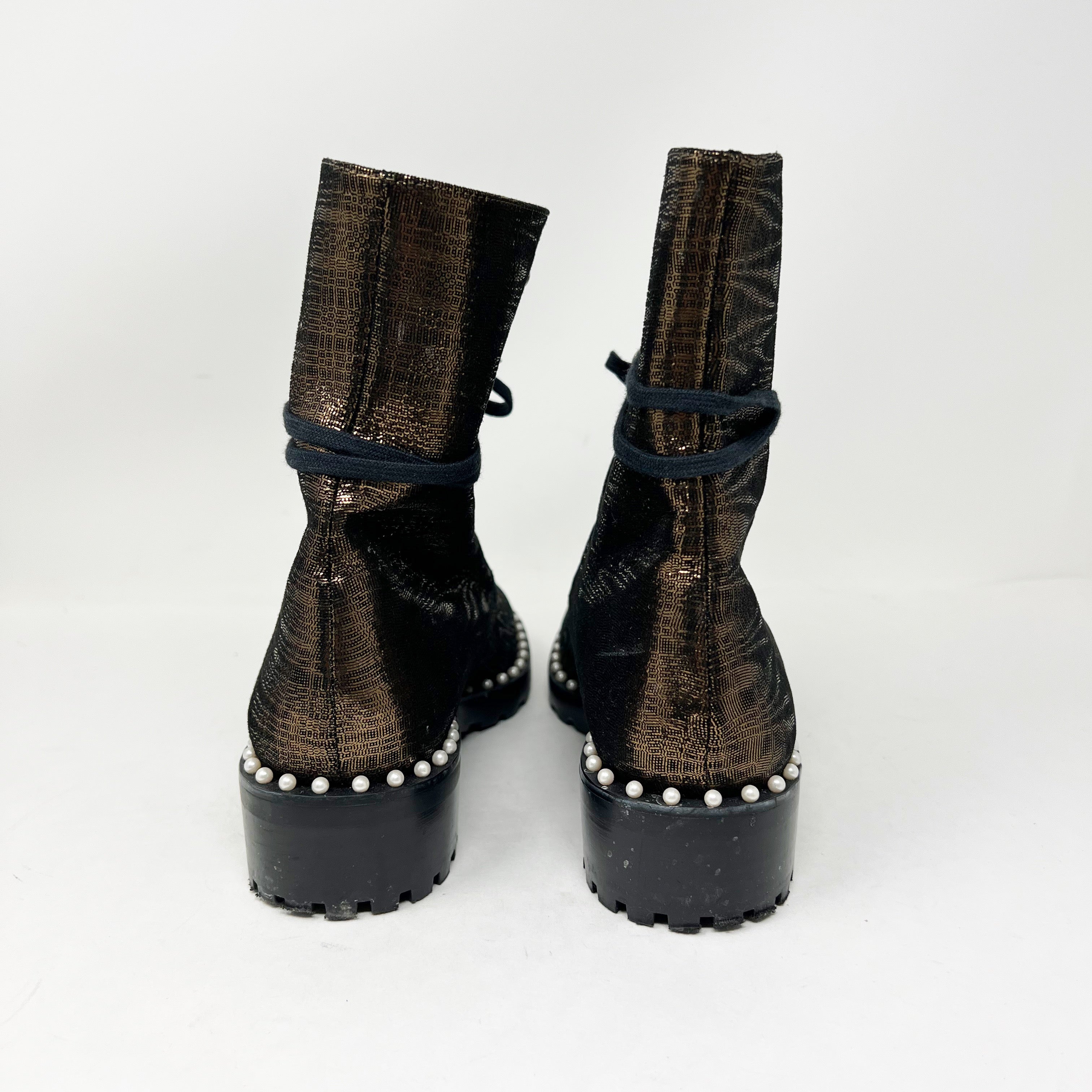 Stuart Weitzman Allie Bronze Metallic Gold Pearl Beaded Embellished Combat Boots