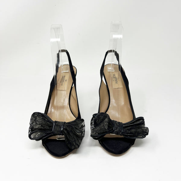 Valentino Garavani Silk Satin Sheer Lace Bow Peep Toe Slingback High Heels 6.5