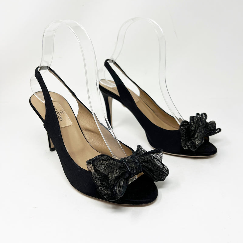 Valentino Garavani Silk Satin Sheer Lace Bow Peep Toe Slingback High Heels 6.5