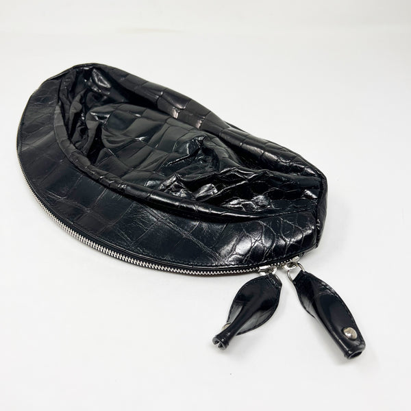 Furla Black Patent Leather Alligator Croc Top Zip Made In Italy Clutch Purse Bag