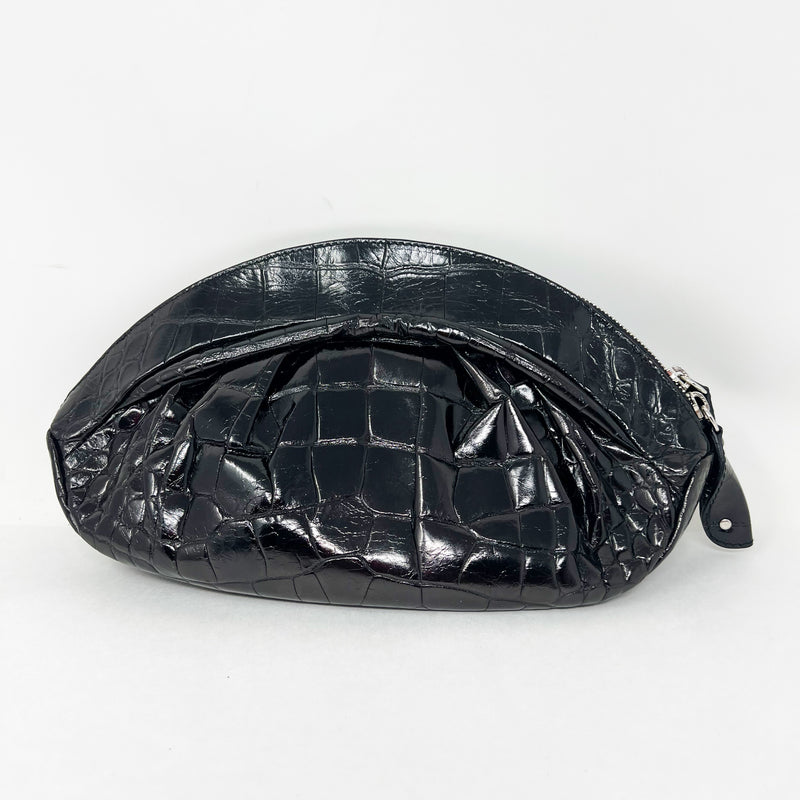 Furla Black Patent Leather Alligator Croc Top Zip Made In Italy Clutch Purse Bag