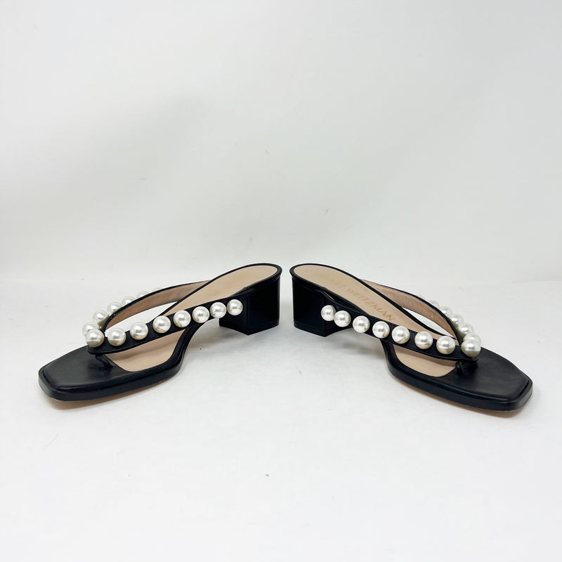 Stuart Weitzman Goldie Genuine Leather Faux Pearl Embellished Heel Sandals Black