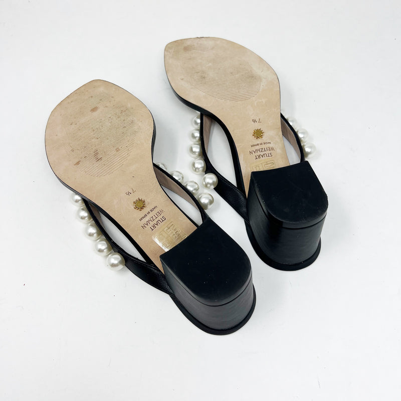 Stuart Weitzman Goldie Genuine Leather Faux Pearl Embellished Heel Sandals Black