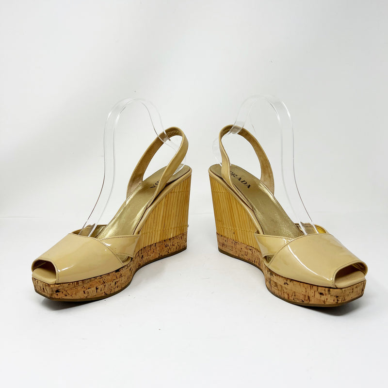 Prada Women's Made In Italy Patent Leather Peep Toe Slingback Wedge High Heels