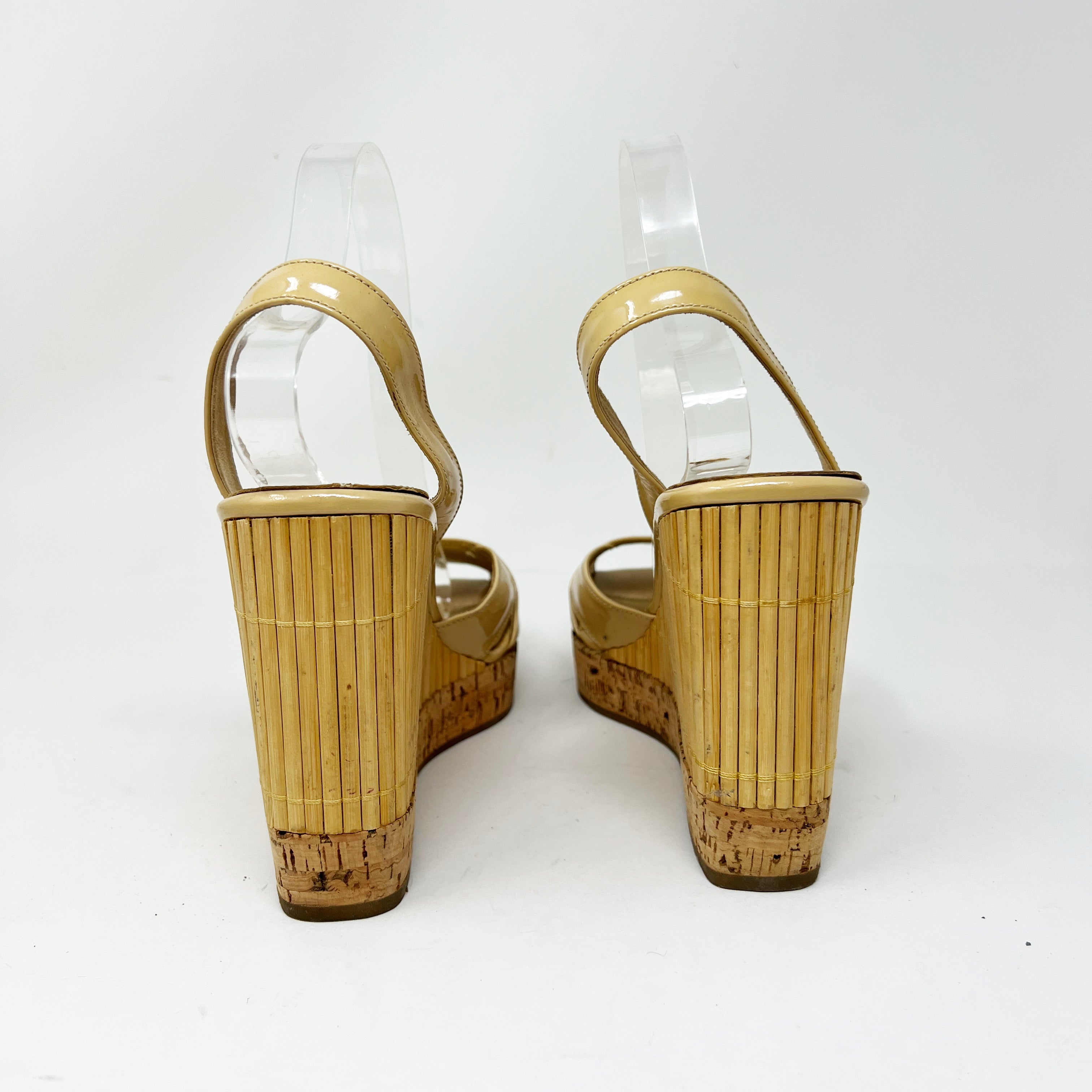 Prada Women's Made In Italy Patent Leather Peep Toe Slingback Wedge High Heels