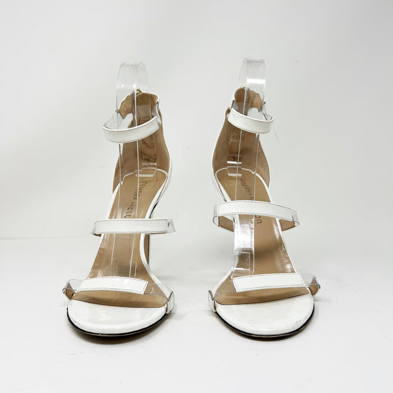 Tamara Mellon Frontline Clear Strappy Open Toe Stiletto High Heels Shoes White