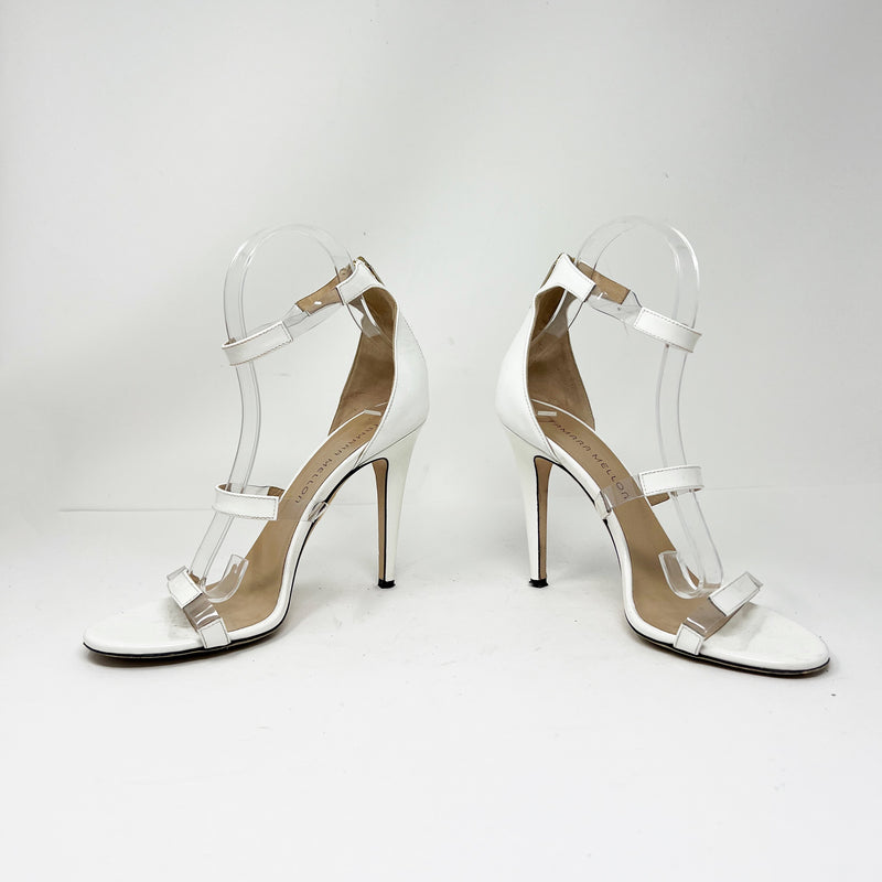Tamara Mellon Frontline Clear Strappy Open Toe Stiletto High Heels Shoes White