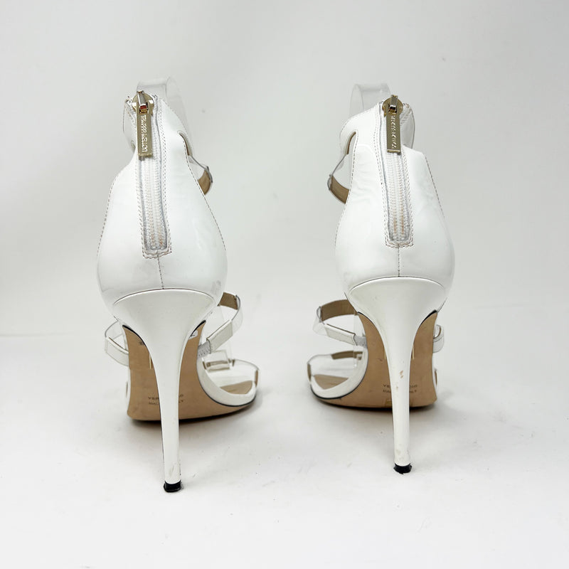 Tamara Mellon Frontline Clear Strappy Open Toe Stiletto High Heels Shoes White