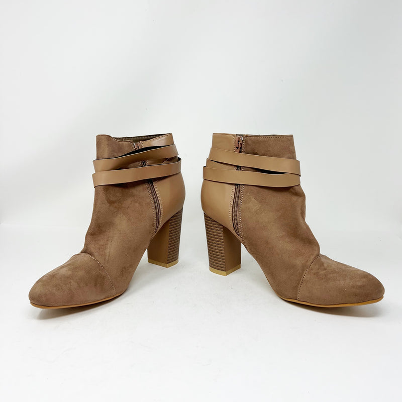 NEW Faux Vegan Suede Leather Stacked Wood Heel Ankle Wrap Strap Booties Shoes 10