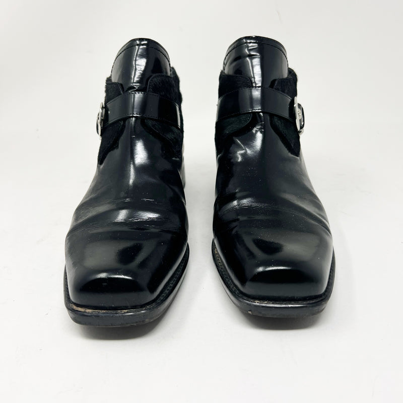 Stuart Weitzman Negev Genuine Leather Calf Hair Jet Black Mirror Ankle Booties 8