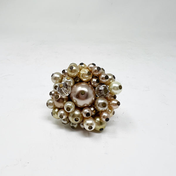 Lenora Dame Faux Pearl Beaded Crystal Cluster Embellished Cocktail Ring