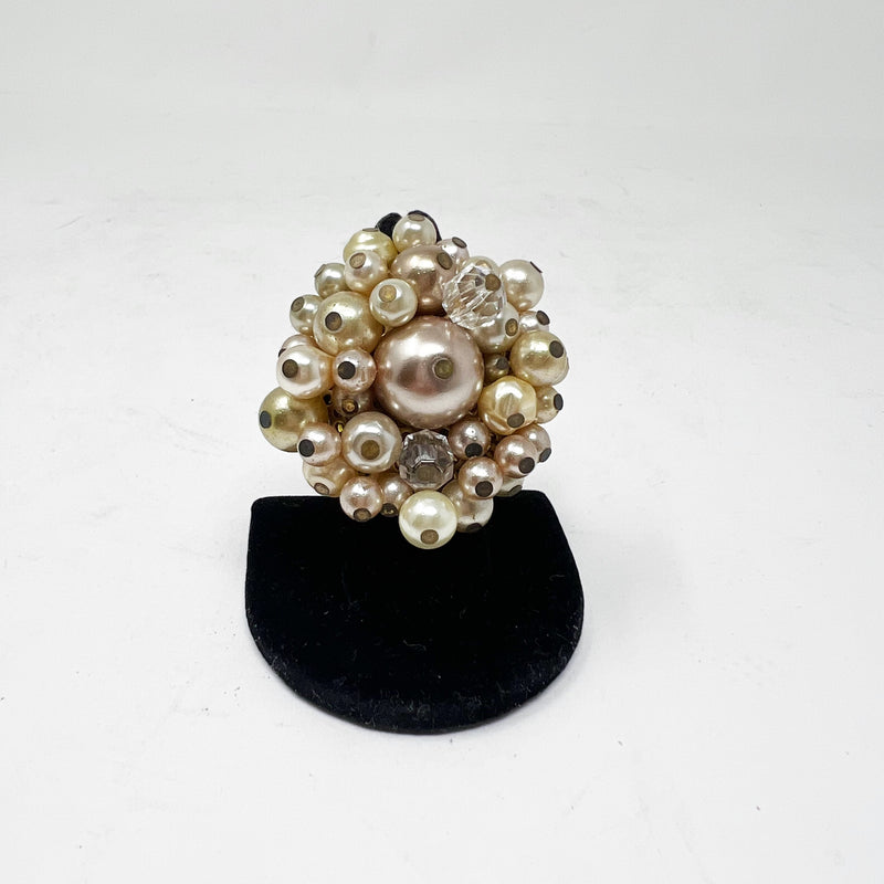 Lenora Dame Faux Pearl Beaded Crystal Cluster Embellished Cocktail Ring