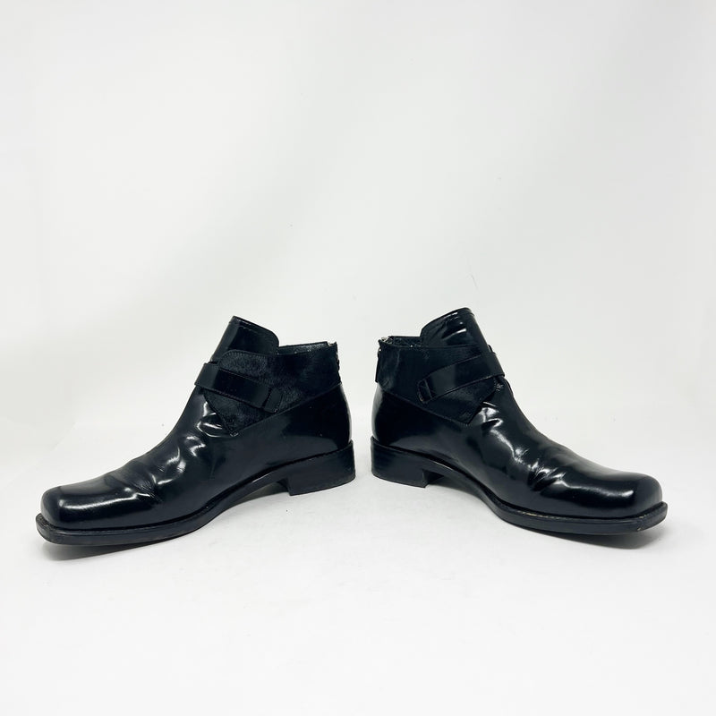 Stuart Weitzman Negev Genuine Leather Calf Hair Jet Black Mirror Ankle Booties 8