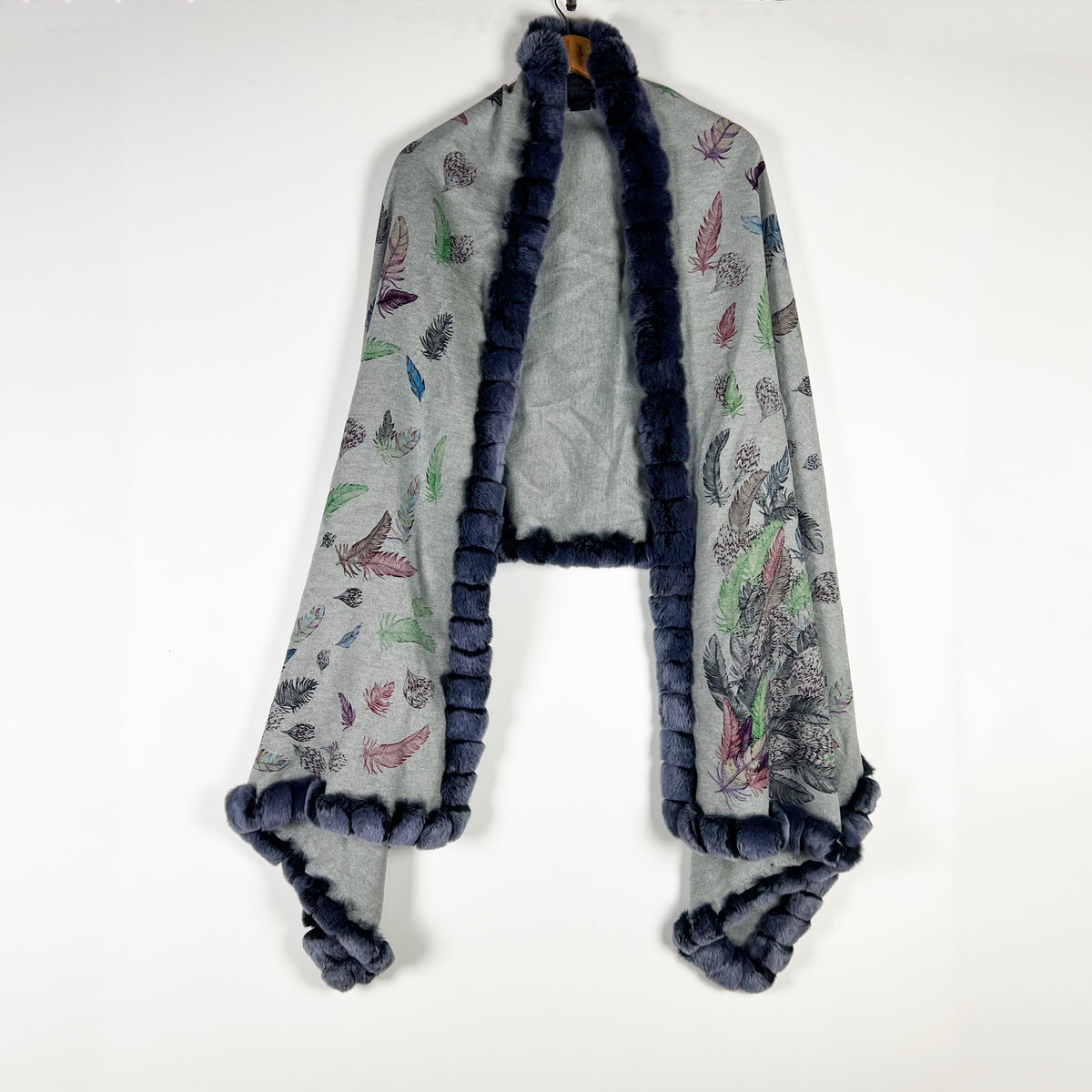 Diana Rosh Cashmere Rex Rabbit Fur Pom Pom Trim Feather Print Wrap Scarf Shawl