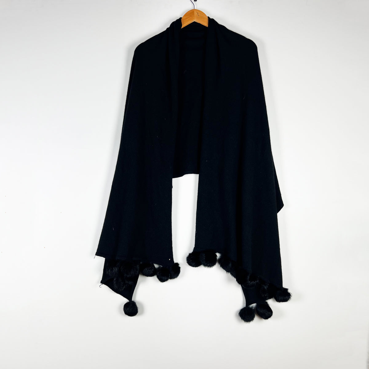 Marshall Fields Cashmere Knit Genuine Fur Pom Pom Shawl Wrap Scarf Black