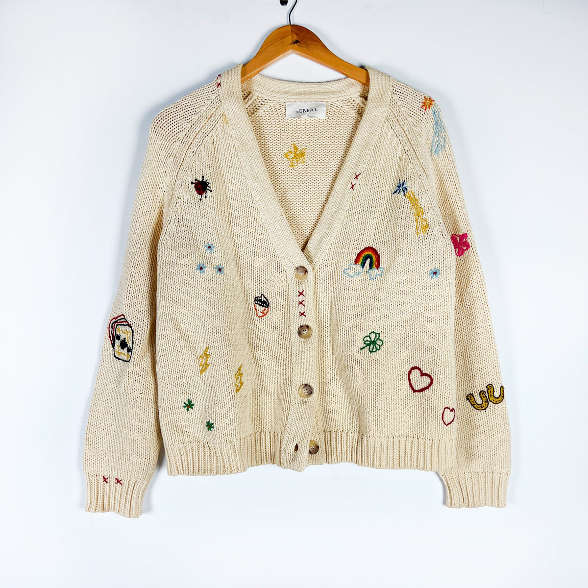 The Great. The Charm Lucky Cotton Blend Knit Embroidered Cardigan Sweater 0