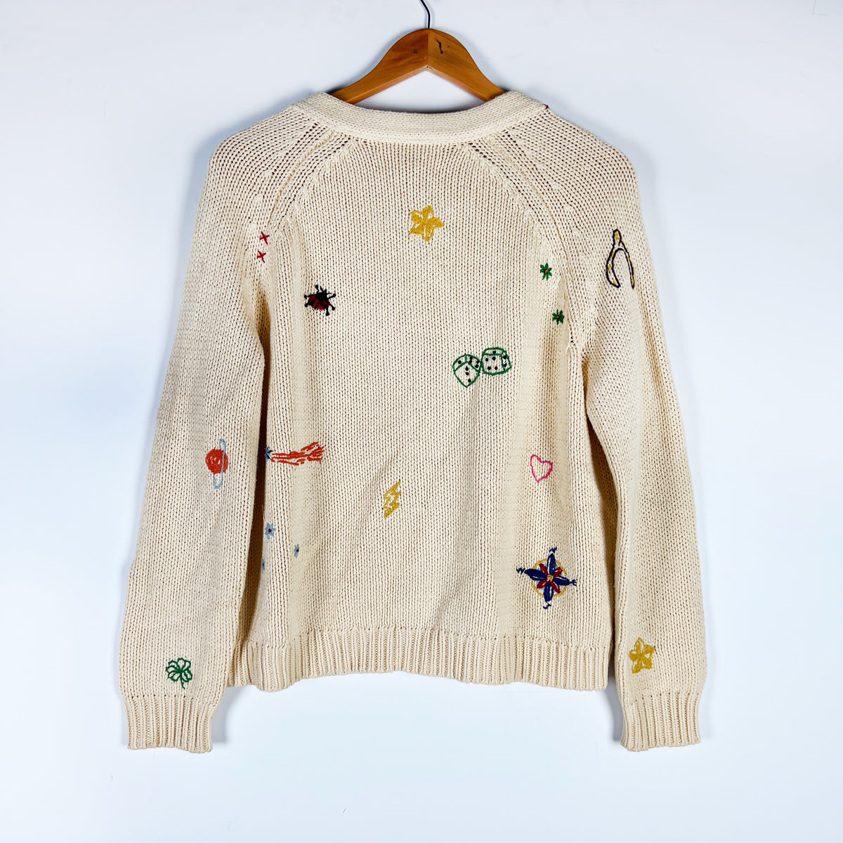The Great. The Charm Lucky Cotton Blend Knit Embroidered Cardigan Sweater 0