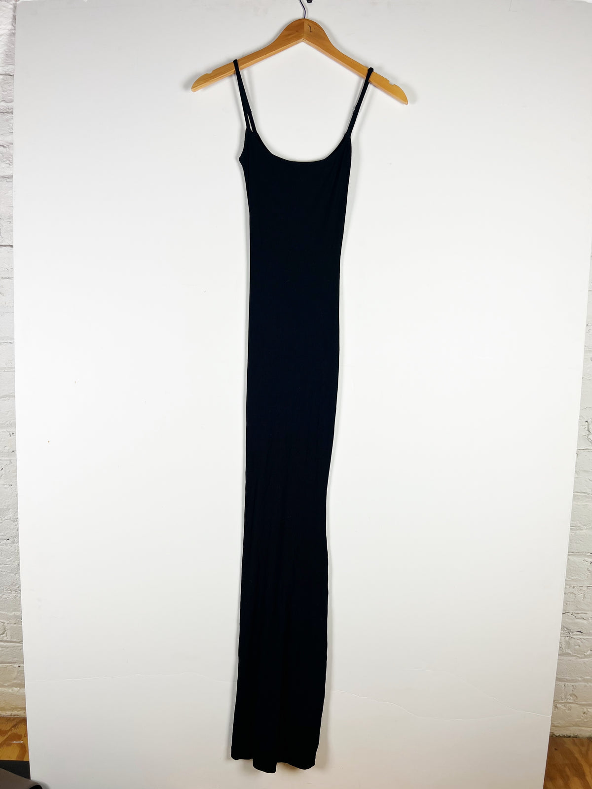 Skims Women's Soft Lounge Long Slip Ribbed Knit Stretch Dress Onyx Black XS