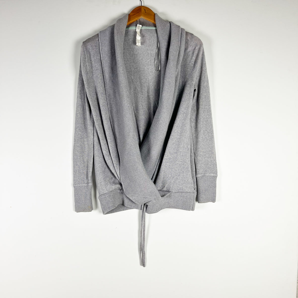 Lululemon Done Your Asana Pullover Faux Wrap Wool Cardigan Sweater Light Grey 4
