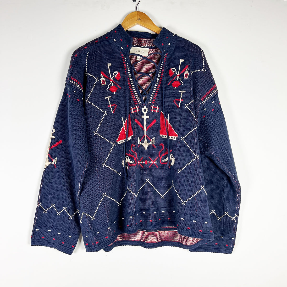 The Great. The Fisherman Lace Up Cotton Blend Knit Pullover Sweater Navy Blue