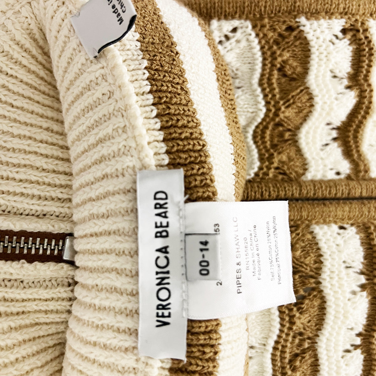 Veronica Beard Dickey Cotton Blend Chunky Knit Full Zip Insert Brown Ivory