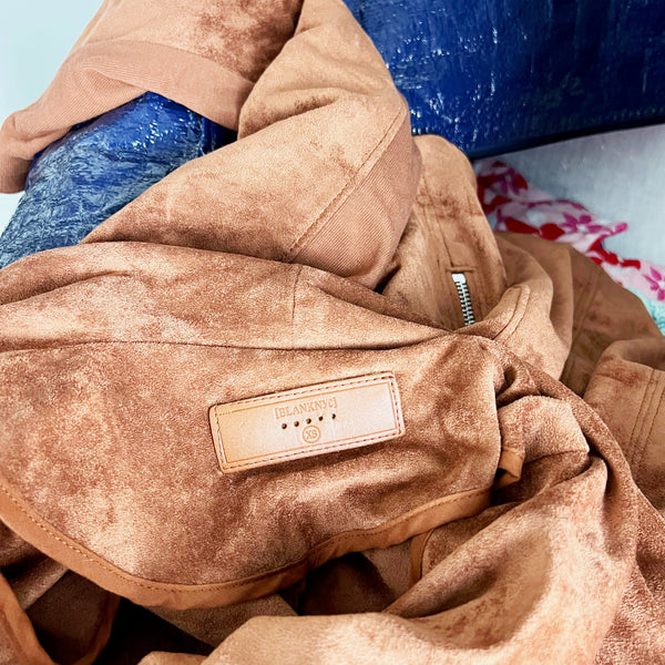 BlankNYC Faux Vegan Suede Ultra Soft Spread Collar Moto Jacket Coat Rust Brown
