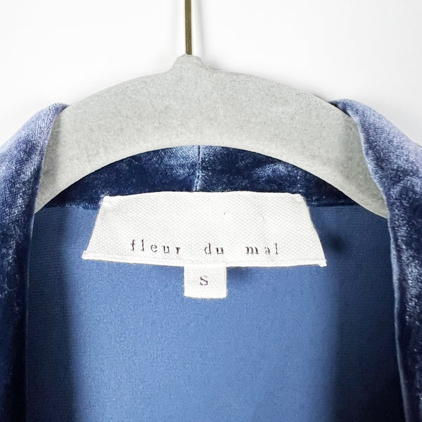 Fleur Du Mal Silk Satin Velvet Velour Trim Belted Open Front Smoking Jacket Blue