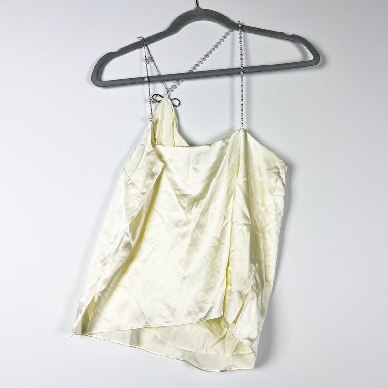 Cami NYC Dariah Silk Satin Crystal Jewel Bow Pearl Strap Tank Top Blouse Vanilla