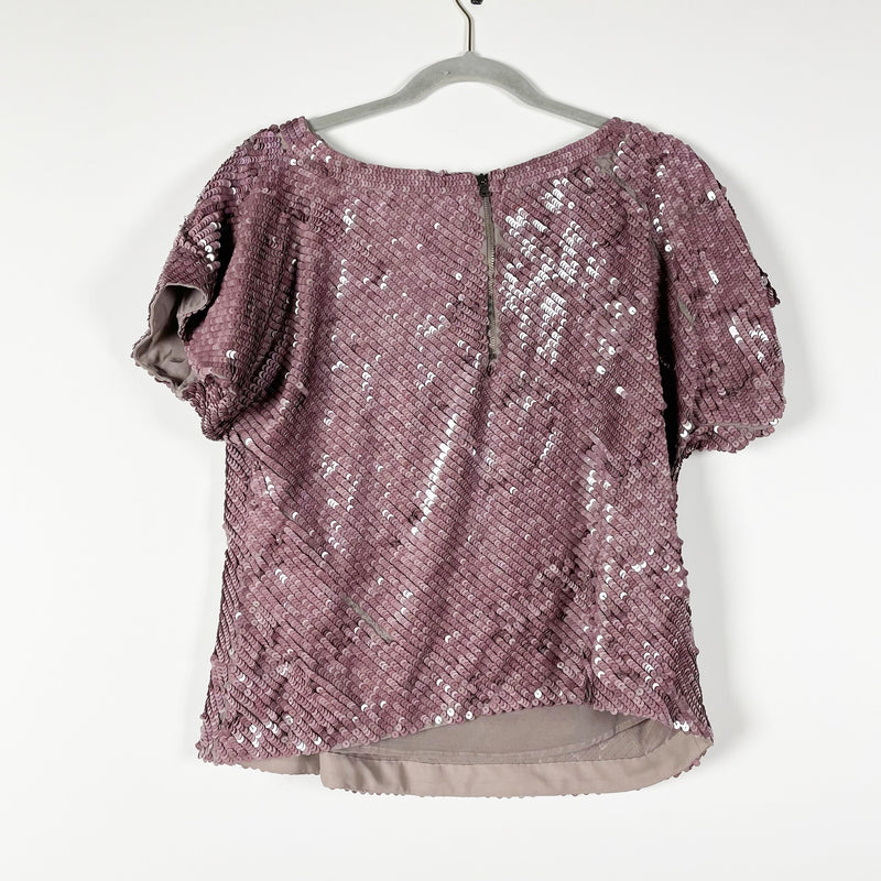 Alice + Olivia Dolman Short Sleeve Sequin Embroidered Lilac Lavender Blouse Top