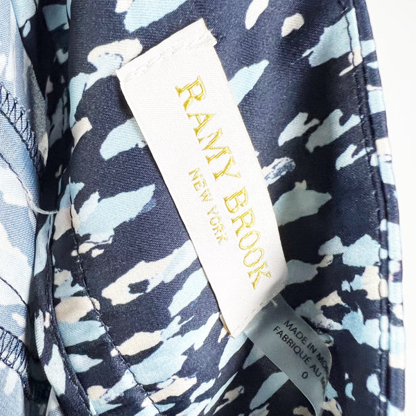 Ramy Brook Satin Blue Dolce Print Pattern Skirted Tie Waist Straight Leg Pants 0