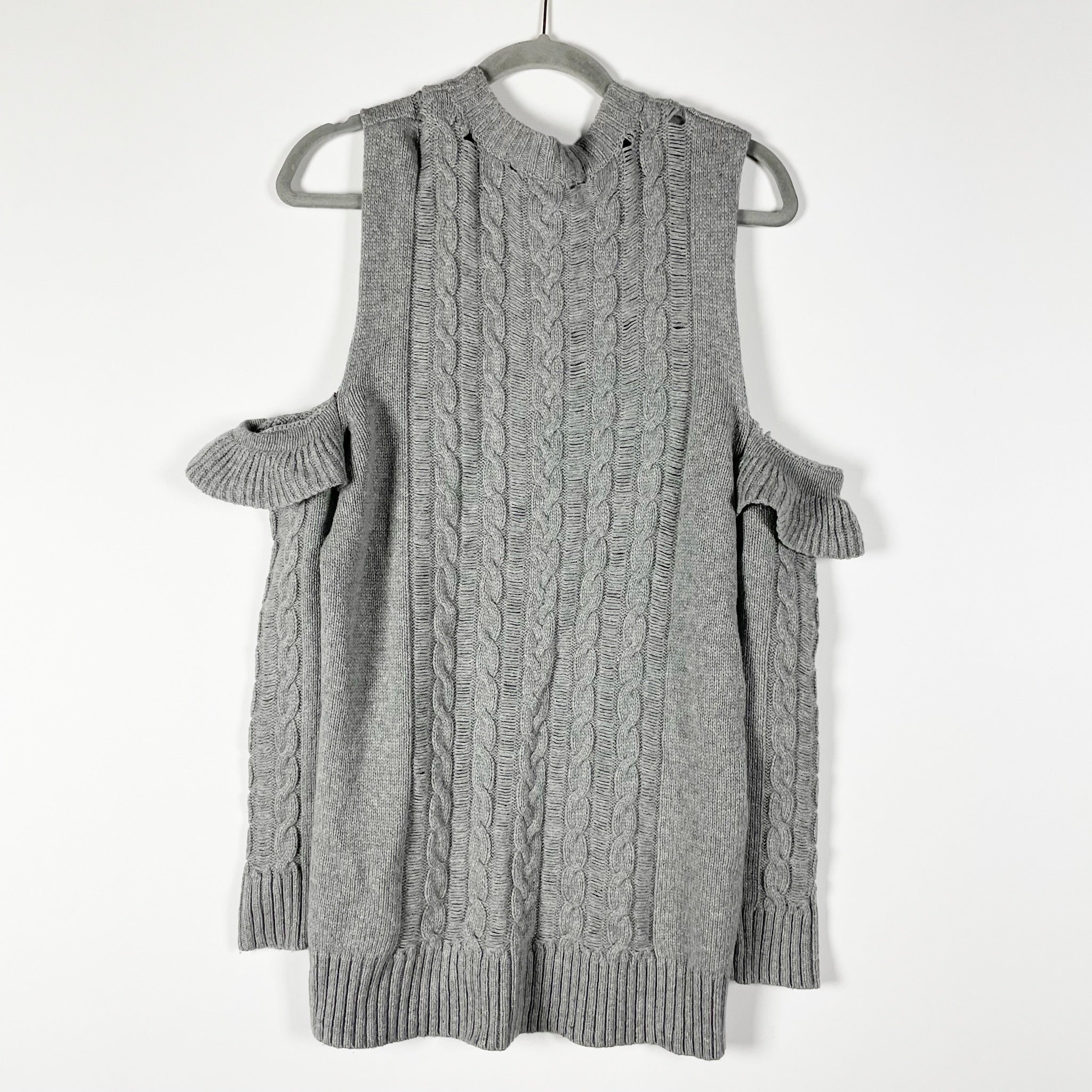 Karina Grimaldi Jerry Wool Cashmere Cable Knit Cold Shoulder Ruffle Sweater S