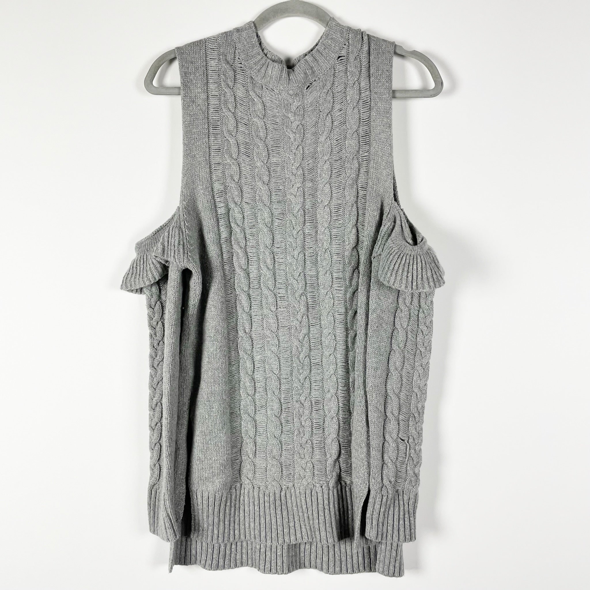 Karina Grimaldi Jerry Wool Cashmere Cable Knit Cold Shoulder Ruffle Sweater S