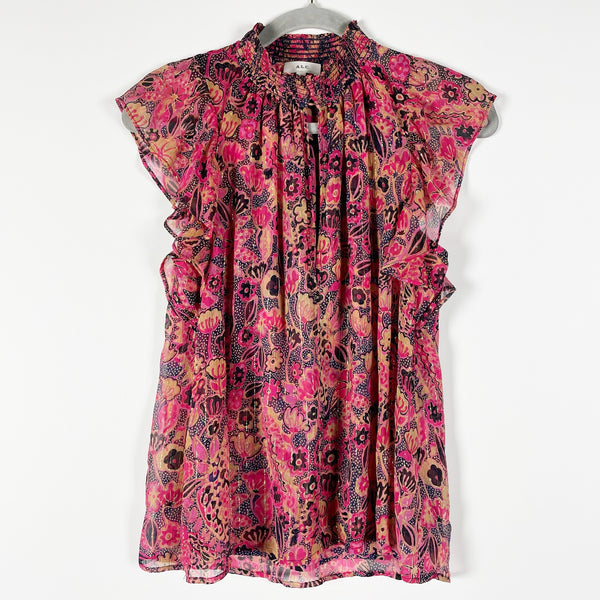 A.L.C. Hayley Silk Blend Chiffon Floral Flutter Sleeve Navy Hot Pink Blouse Top