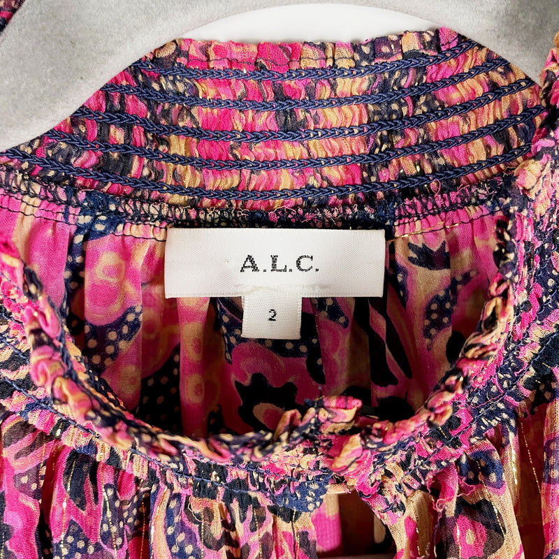 A.L.C. Hayley Silk Blend Chiffon Floral Flutter Sleeve Navy Hot Pink Blouse Top