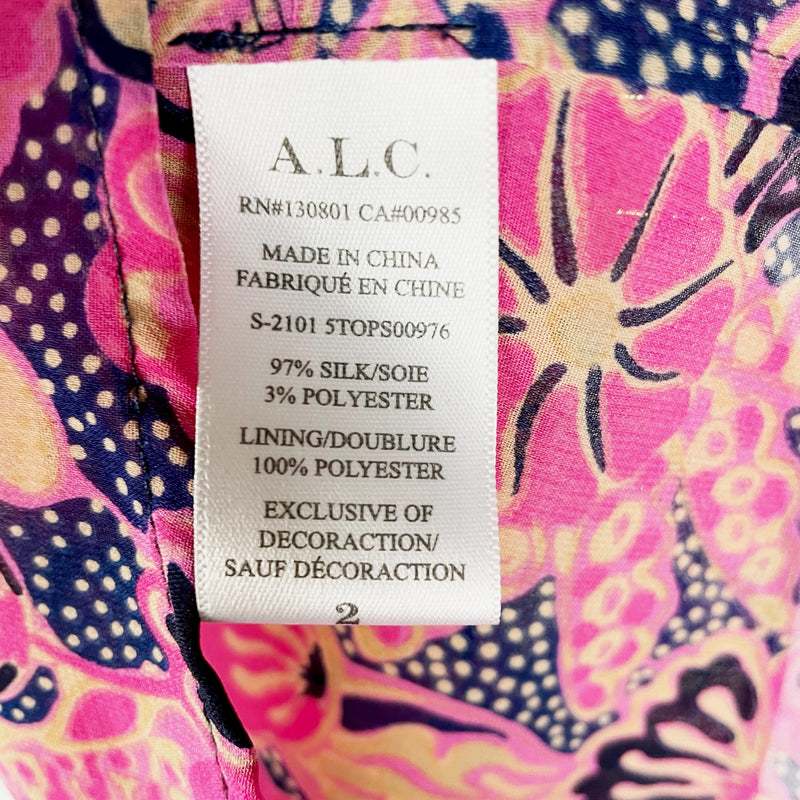 A.L.C. Hayley Silk Blend Chiffon Floral Flutter Sleeve Navy Hot Pink Blouse Top