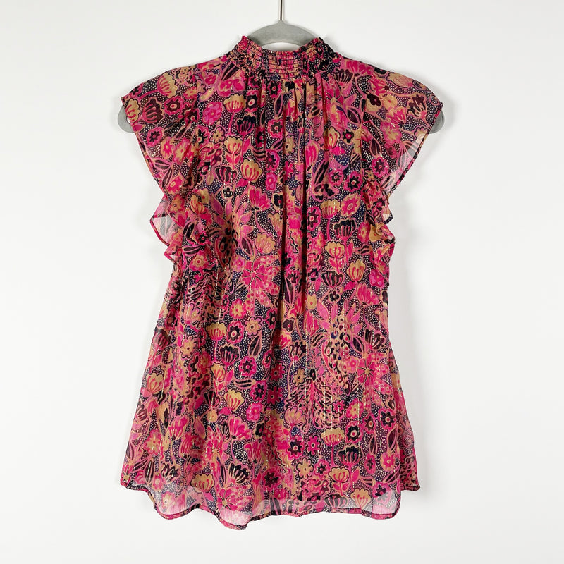 A.L.C. Hayley Silk Blend Chiffon Floral Flutter Sleeve Navy Hot Pink Blouse Top