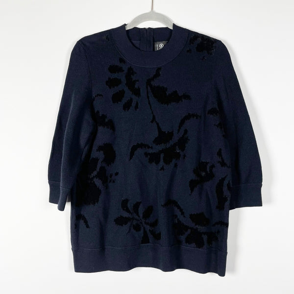 Bogner Wool Stretch Velvet Velour Floral Applique Crew Neck Pullover Sweater 4