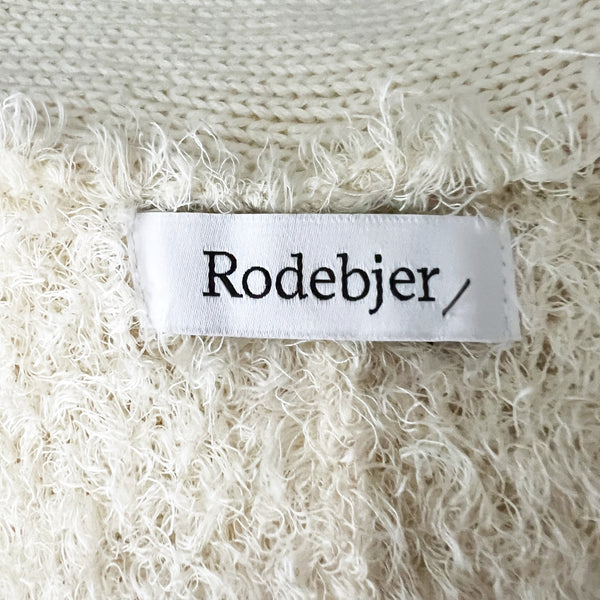 Rodebjer Cotton Blend Fringe Knit Jane Asymmetrical Button Poncho Sweater Cardi