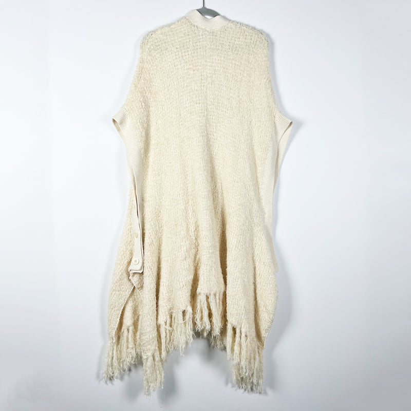 Rodebjer Cotton Blend Fringe Knit Jane Asymmetrical Button Poncho Sweater Cardi