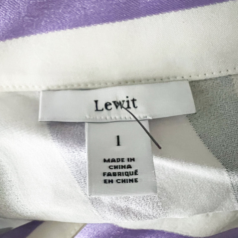 Lewit Sateen Purple White Green Multi Stripe Print Pleated Short Sleeve Blouse