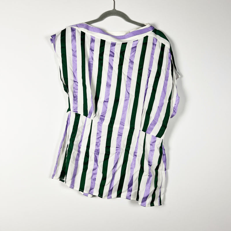 Lewit Sateen Purple White Green Multi Stripe Print Pleated Short Sleeve Blouse