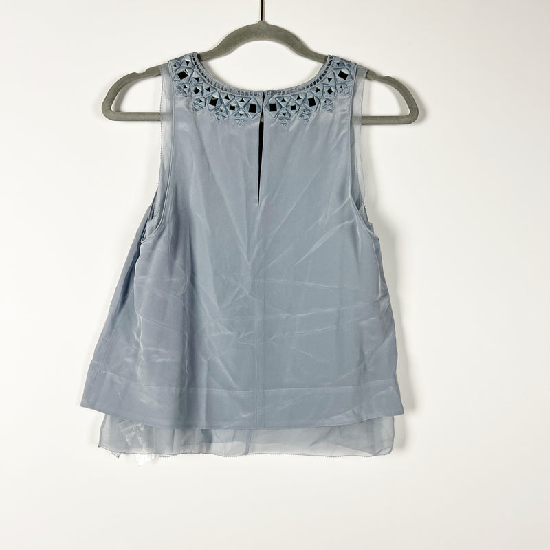 NEW Rebecca Taylor Sleeveless Mirror Eyelet Embroidered Silk Blue Mist Blouse 0