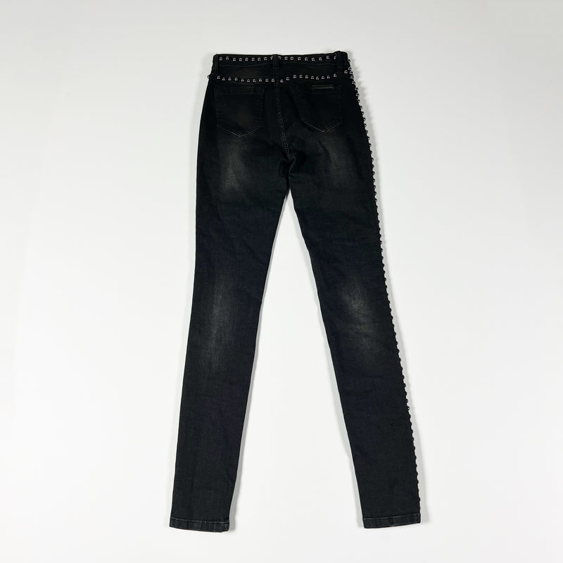 Philipp Plein Cotton Stretch High Waist Jegging Beaded Embellished Studded Jean