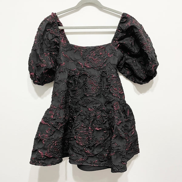 Amanda Uprichard Maisie Puff Sleeve Babydoll Tiered Rosewood Black Pink Dress