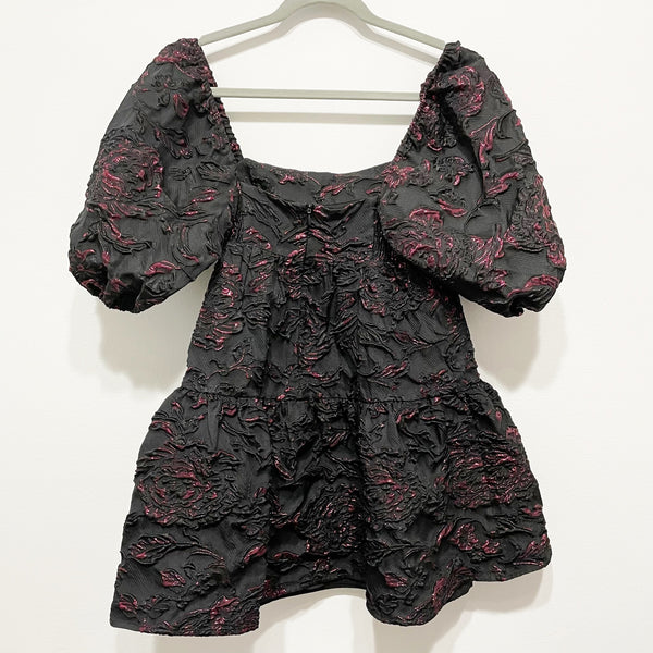 Amanda Uprichard Maisie Puff Sleeve Babydoll Tiered Rosewood Black Pink Dress