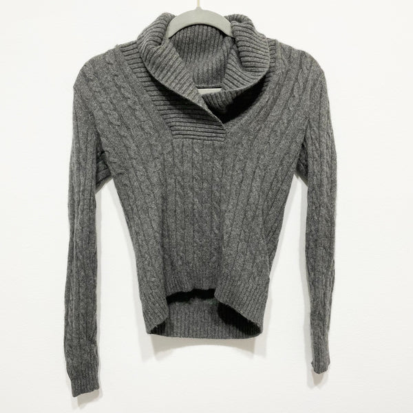 LAUREN Ralph Lauren 100% Cashmere Stretch Knit Cowl Neck Cable Knit Sweater Gray