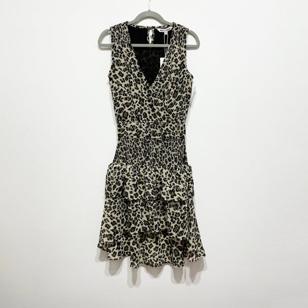 NEW Walter Baker Leandra Dusty Olive Leopard Metallic Animal Print Mini Dress XS