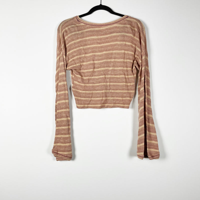 NEW Free People Give It A Spin Deep V Neck Bell Sleeve Striped Crop Top Sweater