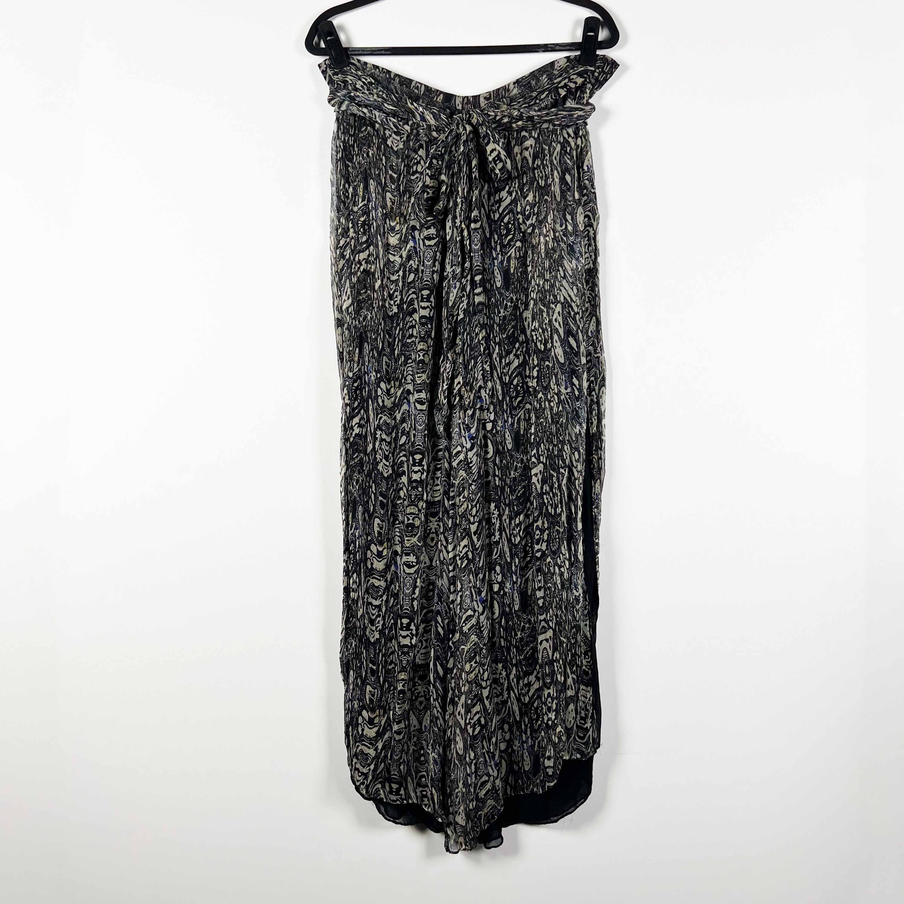 IRO Gixie Black Gray Abstract Print Pattern Chiffon Wide Leg Trouser Pants 36