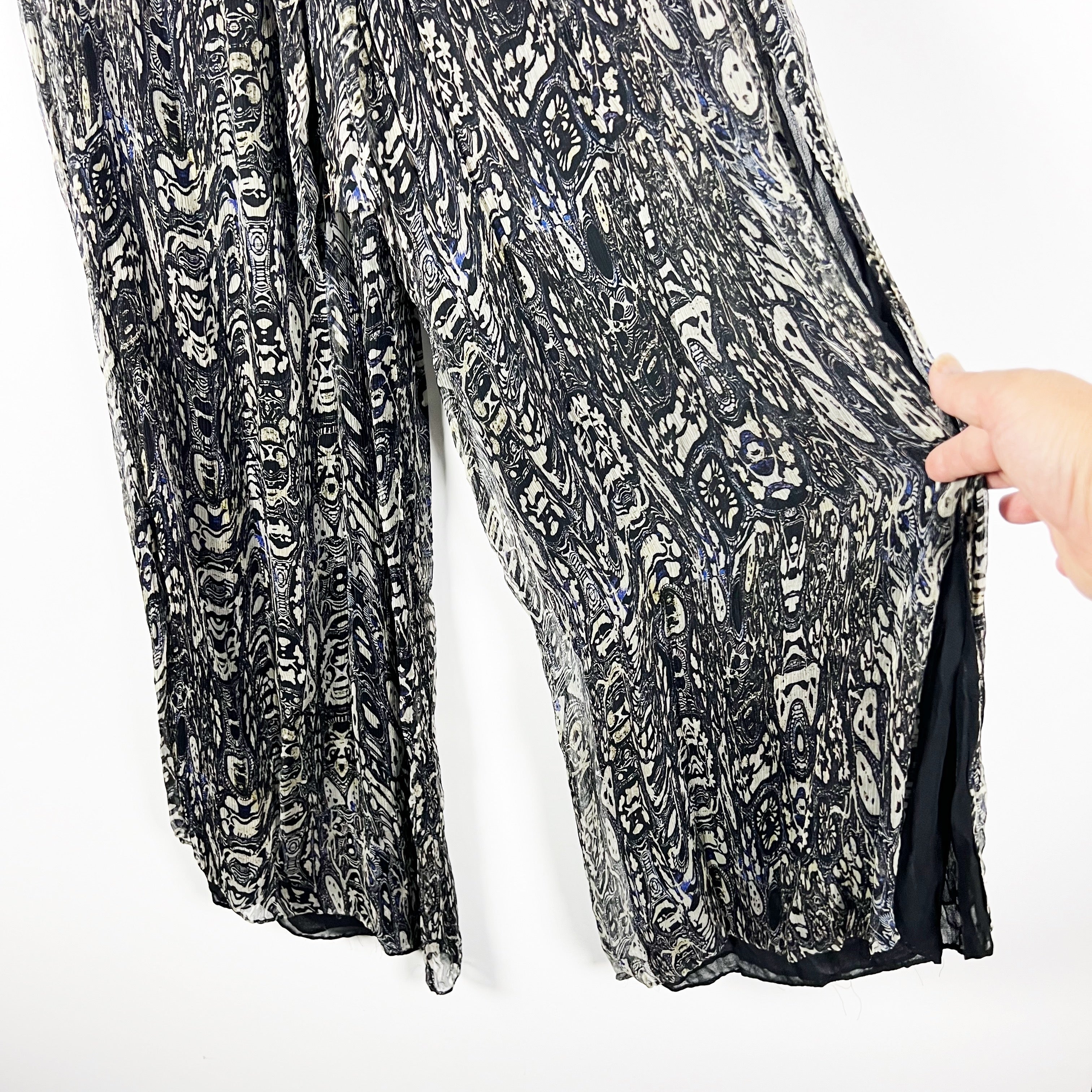 IRO Gixie Black Gray Abstract Print Pattern Chiffon Wide Leg Trouser Pants 36